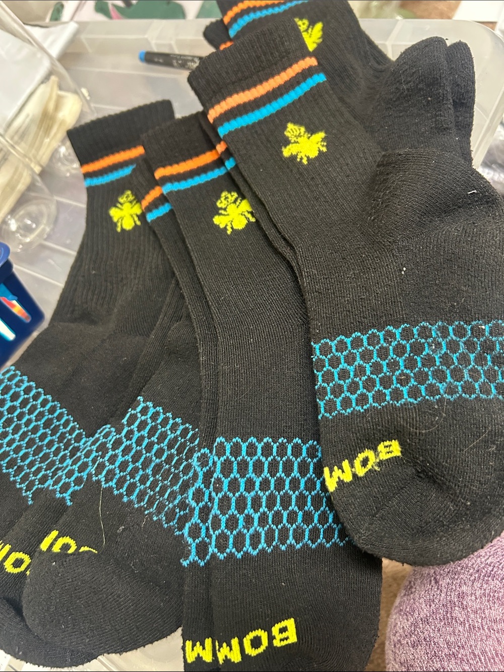 Bombas Black Crew Athletic Socks with Blue Grip and Yellow Floral Accent binF13